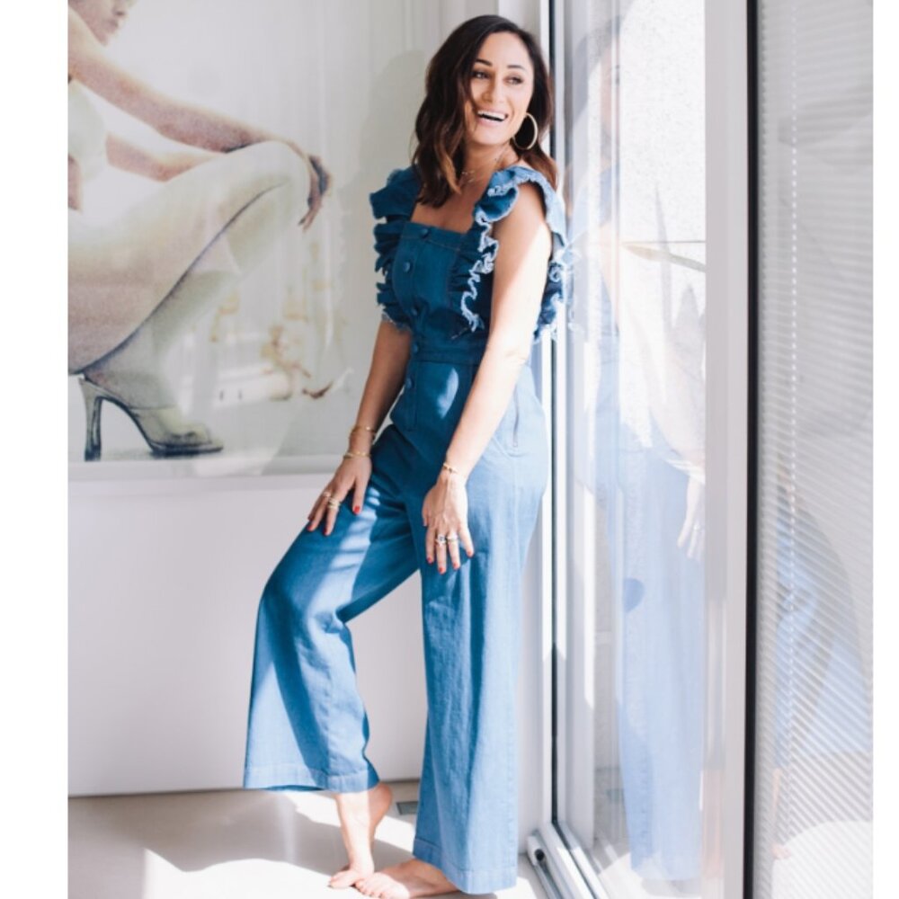 SEA NY Ruffled Shoulder Denim Jumpsuit